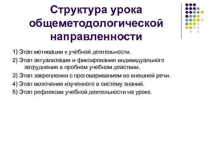 Структура урока общеметодологической направленности 1) Этап мотивации к учебной деятельности. 2) Этап актуализации и