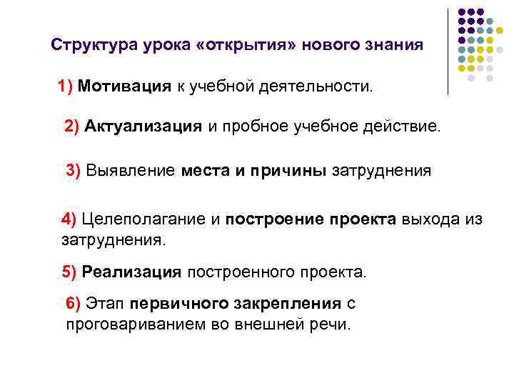 Структура урока «открытия» нового знания 1) Мотивация к учебной деятельности. 2) Актуализация и пробное