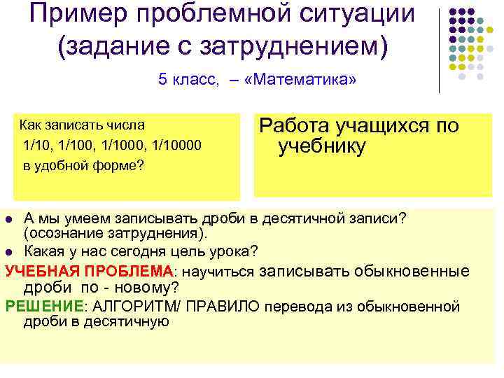 Пример проблемной ситуации (задание с затруднением) 5 класс, – «Математика» Как записать числа 1/10,