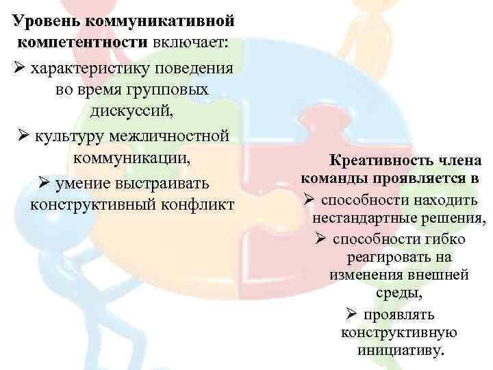 Уровень коммуникативной компетентности включает: характеристику поведения во время групповых дискуссий, культуру межличностной коммуникации, умение