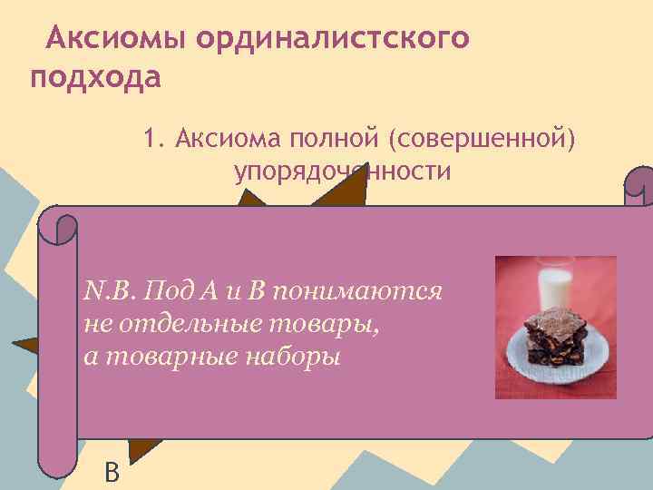 Аксиомы ординалистского подхода 1. Аксиома полной (совершенной) упорядоченности Потребитель способен упорядочить все Не является