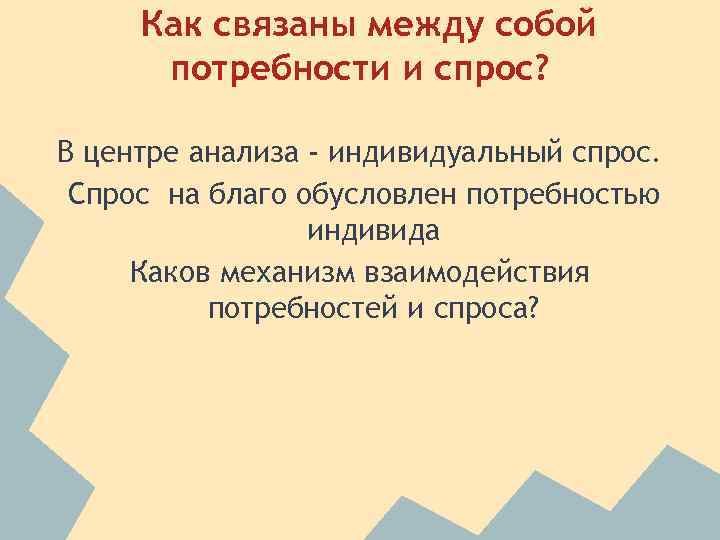Как связаны между собой потребности и спрос? В центре анализа - индивидуальный спрос. Спрос