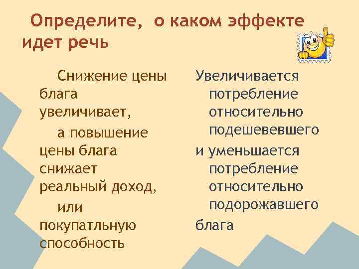 Определите, о каком эффекте идет речь Снижение цены блага увеличивает, а повышение цены блага