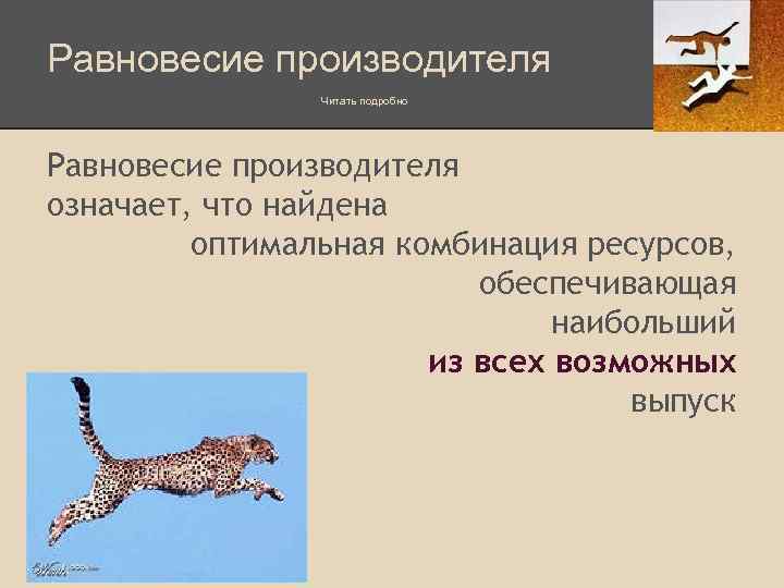 Равновесие производителя Читать подробно Равновесие производителя означает, что найдена оптимальная комбинация ресурсов, обеспечивающая наибольший
