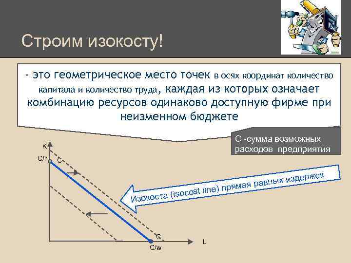 Строим изокосту! - это геометрическое место точек в осях координат количество капитала и количество
