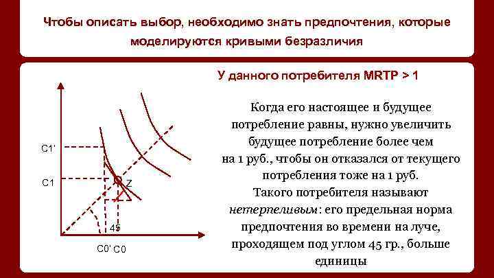 Чтобы описать выбор, необходимо знать предпочтения, которые моделируются кривыми безразличия У данного потребителя MRTP