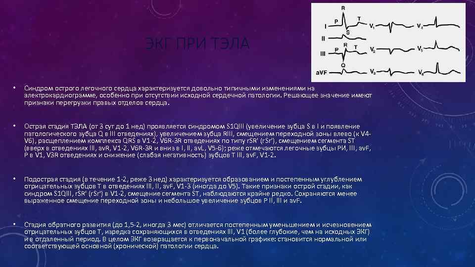 ЭКГ ПРИ ТЭЛА • Синдром острого легочного сердца характеризуется довольно типичными изменениями на электрокардиограмме,