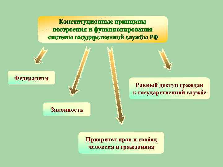 Федерализм Равный доступ граждан к государственной службе Законность Приоритет прав и свобод человека и