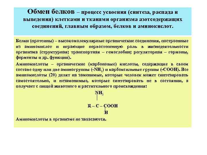 Обмен белков – процесс усвоения (синтеза, распада и выведения) клетками и тканями организма азотсодержащих