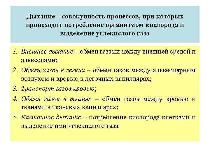 Дыхание – совокупность процессов, при которых происходит потребление организмом кислорода и выделение углекислого газа