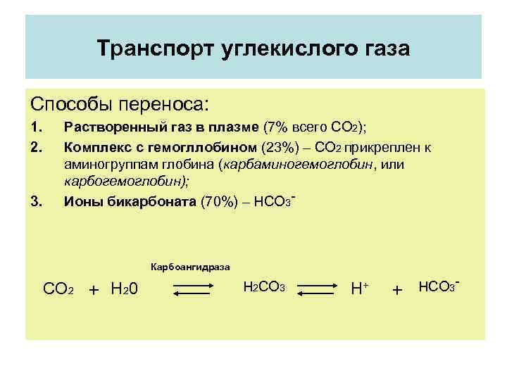 Транспорт углекислого газа Способы переноса: 1. 2. 3. Растворенный газ в плазме (7% всего