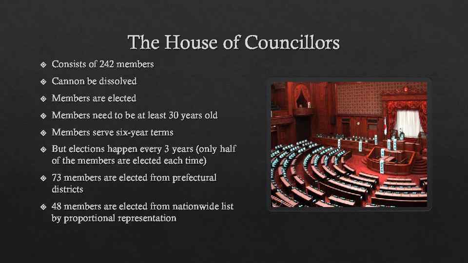 The House of Councillors Consists of 242 members Cannon be dissolved Members are elected