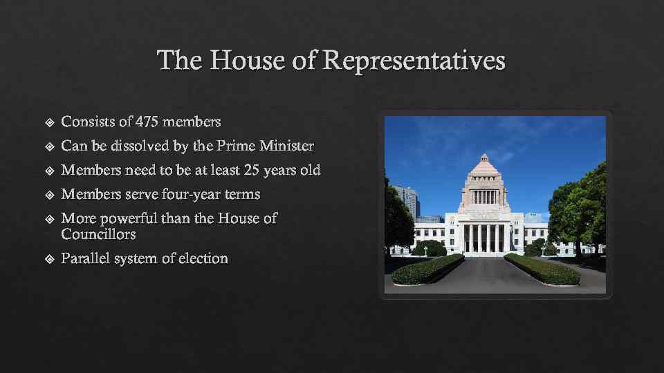 The House of Representatives Consists of 475 members Can be dissolved by the Prime