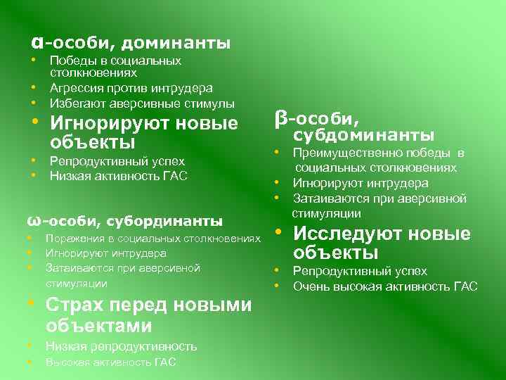 α-особи, доминанты • Победы в социальных • • столкновениях Агрессия против интрудера Избегают аверсивные