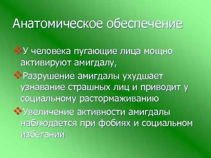 Анатомическое обеспечение v. У человека пугающие лица мощно активируют амигдалу, v. Разрушение амигдалы ухудшает