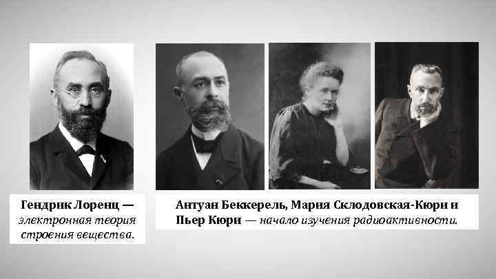 Гендрик Лоренц — электронная теория строения вещества. Антуан Беккерель, Мария Склодовская-Кюри и Пьер Кюри