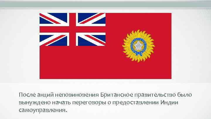 После акций неповиновения Британское правительство было вынуждено начать переговоры о предоставлении Индии самоуправления. 