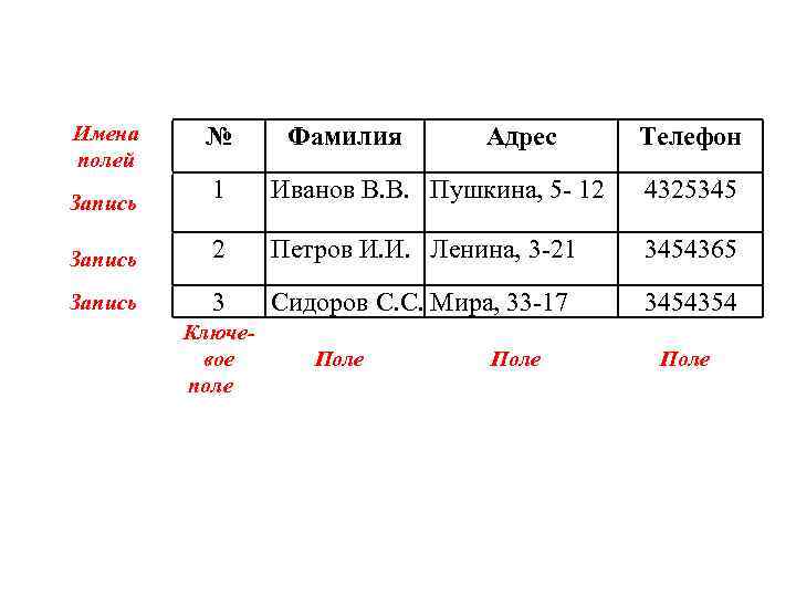 Имена полей № Фамилия Адрес Телефон 1 Иванов В. В. Пушкина, 5 - 12