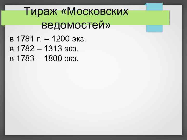 Тираж «Московских ведомостей» в 1781 г. – 1200 экз. в 1782 – 1313 экз.