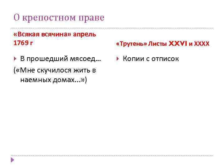 О крепостном праве «Всякая всячина» апрель 1769 г В прошедший мясоед… ( «Мне скучилося