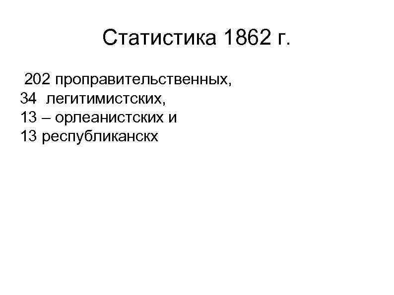 Статистика 1862 г. 202 проправительственных, 34 легитимистских, 13 – орлеанистских и 13 республиканскх 