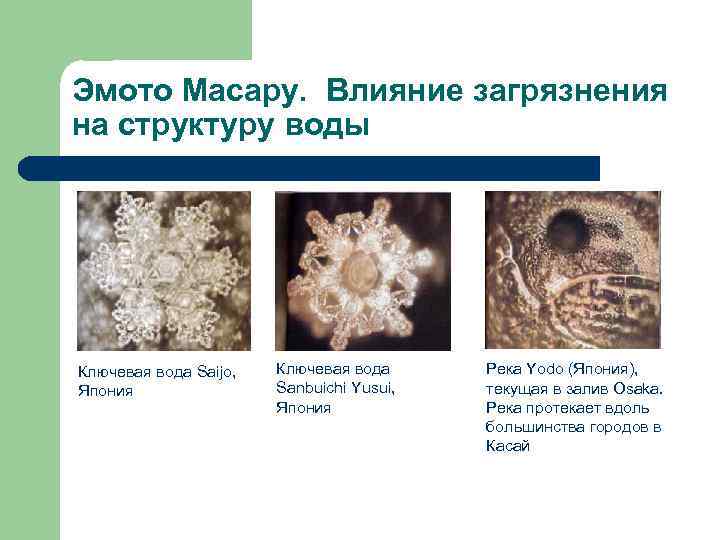 Эмото Масару. Влияние загрязнения на структуру воды Ключевая вода Saijo, Япония Ключевая вода Sanbuichi