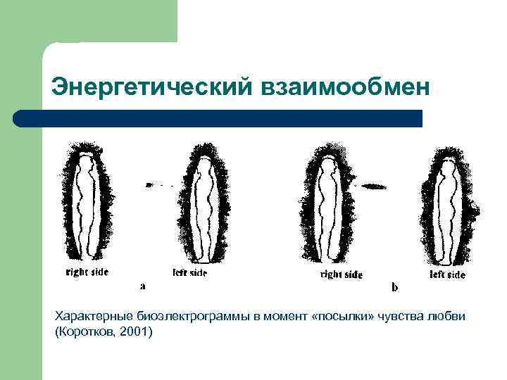 Энергетический взаимообмен Характерные биоэлектрограммы в момент «посылки» чувства любви (Коротков, 2001) 