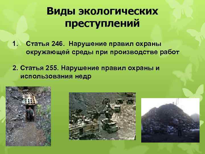 Виды экологических преступлений 1. Статья 246. Нарушение правил охраны окружающей среды при производстве работ
