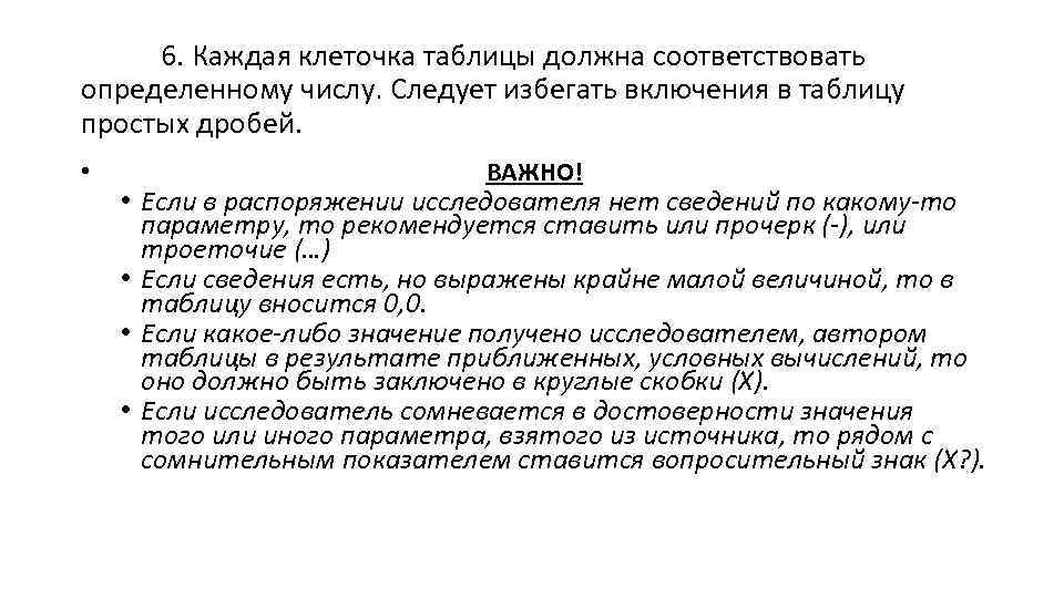 6. Каждая клеточка таблицы должна соответствовать определенному числу. Следует избегать включения в таблицу простых