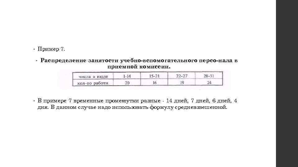 Пример 7. • • • Распределение занятости учебно вспомогательного персо нала в приемной комиссии.