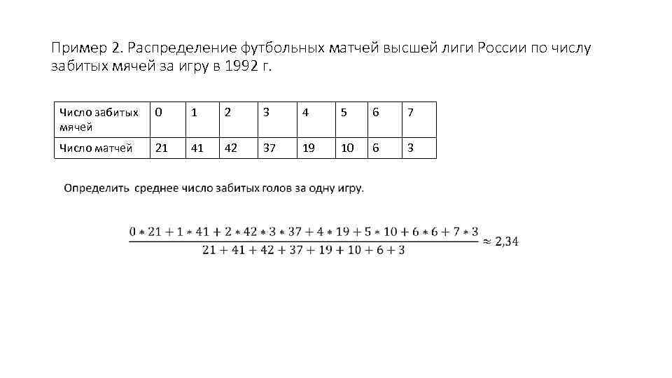 Пример 2. Распределение футбольных матчей высшей лиги России по числу забитых мячей за игру
