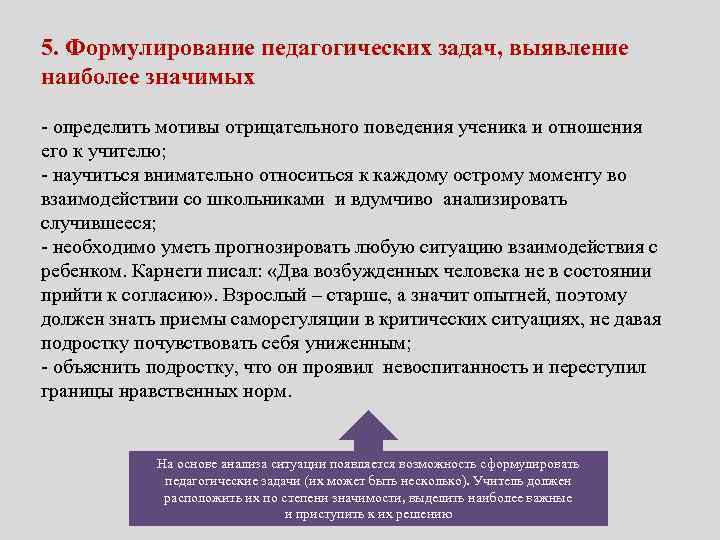 5. Формулирование педагогических задач, выявление наиболее значимых - определить мотивы отрицательного поведения ученика и