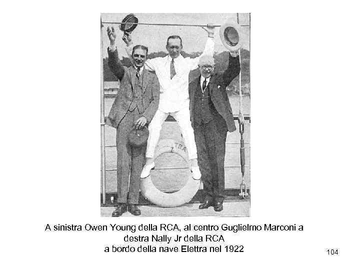 A sinistra Owen Young della RCA, al centro Guglielmo Marconi a destra Nally Jr