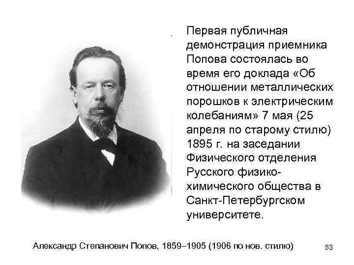Первая публичная демонстрация приемника Попова состоялась во время его доклада «Об отношении металлических порошков