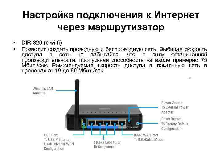 Настройка подключения к Интернет через маршрутизатор • • DIR-320 (с wi-fi) Позволит создать проводную