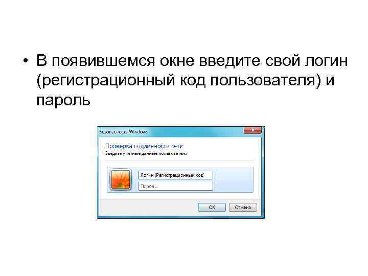 • В появившемся окне введите свой логин (регистрационный код пользователя) и пароль 