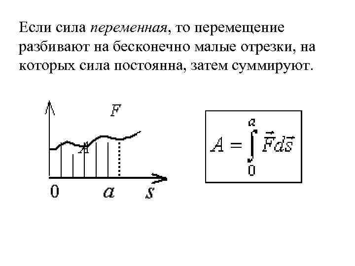 Если сила переменная, то перемещение разбивают на бесконечно малые отрезки, на которых сила постоянна,