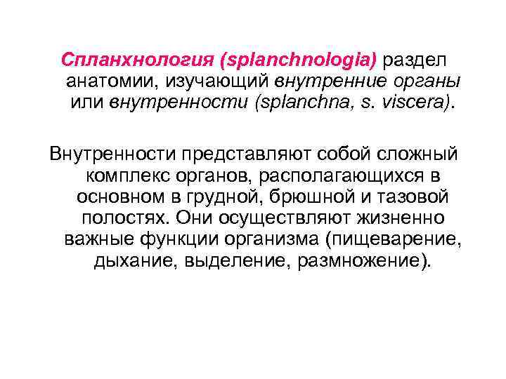 Спланхнология (splanchnologia) раздел анатомии, изучающий внутренние органы или внутренности (splanchna, s. viscera). Внутренности представляют