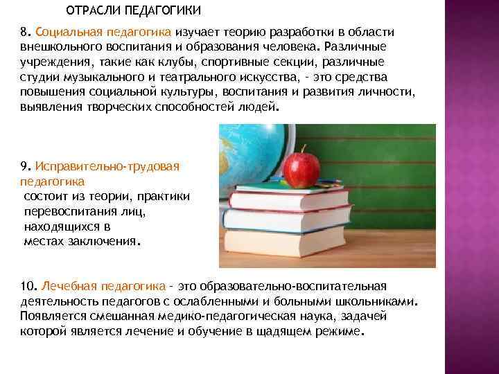 ОТРАСЛИ ПЕДАГОГИКИ 8. Социальная педагогика изучает теорию разработки в области внешкольного воспитания и образования