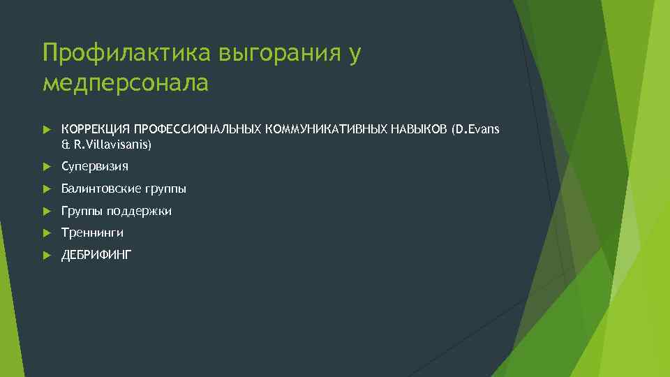 Профилактика выгорания у медперсонала КОРРЕКЦИЯ ПРОФЕССИОНАЛЬНЫХ КОММУНИКАТИВНЫХ НАВЫКОВ (D. Evans & R. Villavisanis) Супервизия