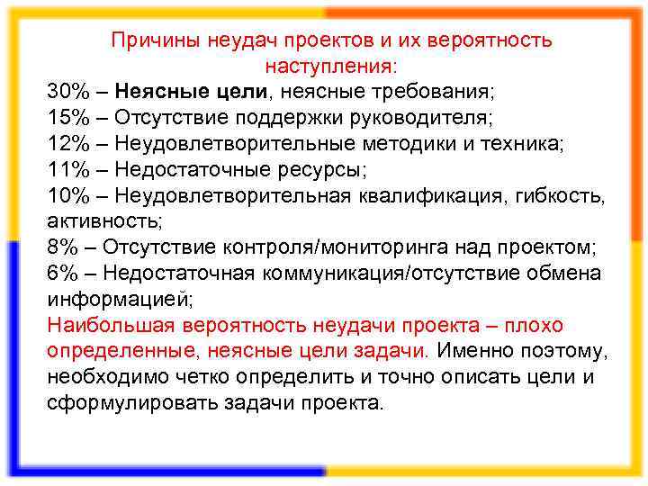 Причины неудач проектов и их вероятность наступления: 30% – Неясные цели, неясные требования; 15%