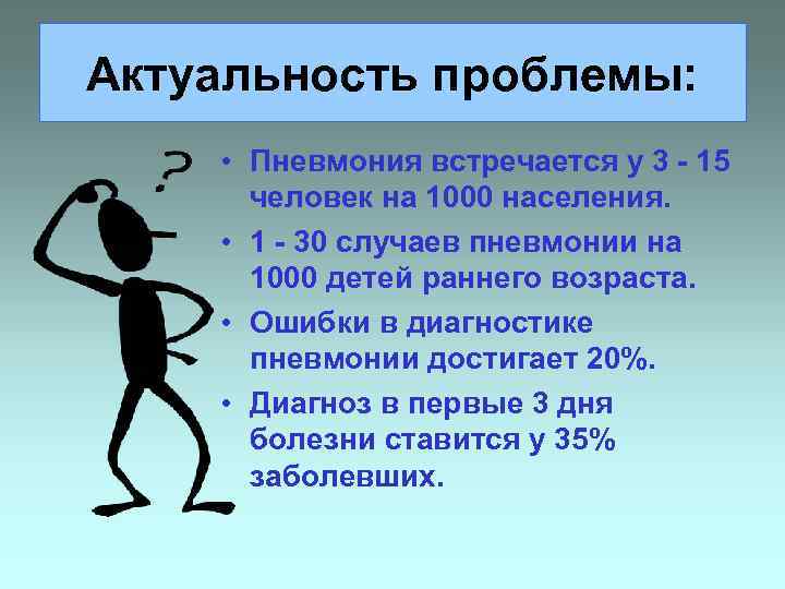 Актуальность проблемы: • Пневмония встречается у 3 - 15 человек на 1000 населения. •