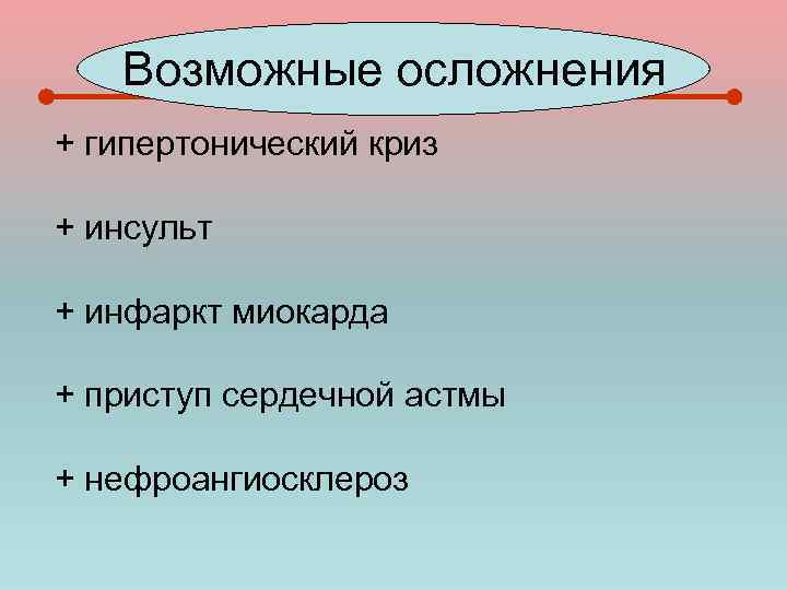 Возможные осложнения + гипертонический криз + инсульт + инфаркт миокарда + приступ сердечной астмы