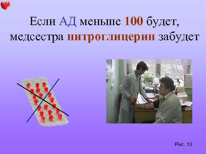 Если АД меньше 100 будет, медсестра нитроглицерин забудет Рис. 13 