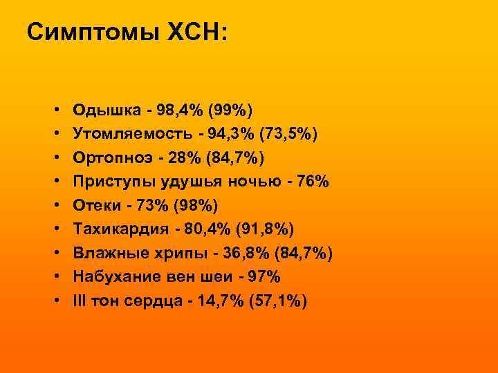 Симптомы ХСН: • • • Одышка - 98, 4% (99%) Утомляемость - 94, 3%