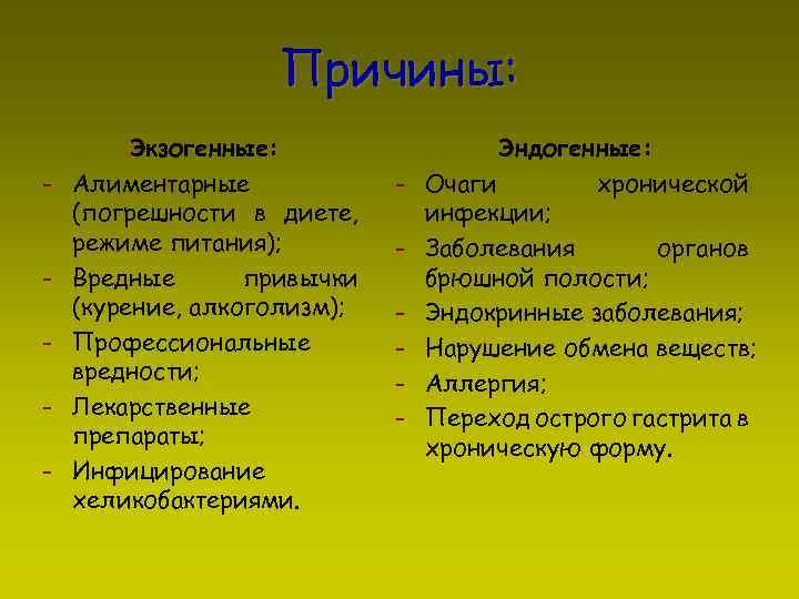 Причины: - Экзогенные: Алиментарные (погрешности в диете, режиме питания); Вредные привычки (курение, алкоголизм); Профессиональные