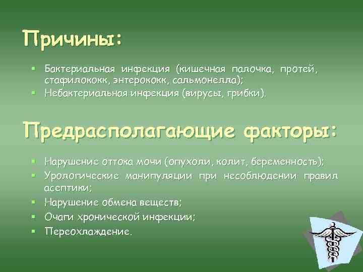 Причины: § Бактериальная инфекция (кишечная палочка, протей, стафилококк, энтерококк, сальмонелла); § Небактериальная инфекция (вирусы,