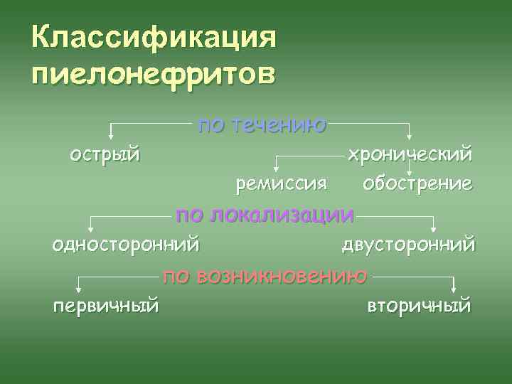Классификация пиелонефритов острый по течению хронический ремиссия обострение по локализации односторонний первичный двусторонний по