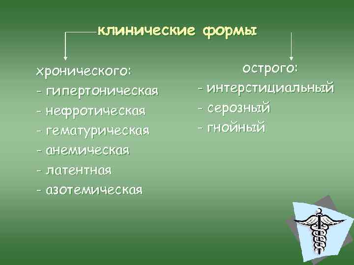 клинические формы хронического: - гипертоническая - нефротическая - гематурическая - анемическая - латентная -