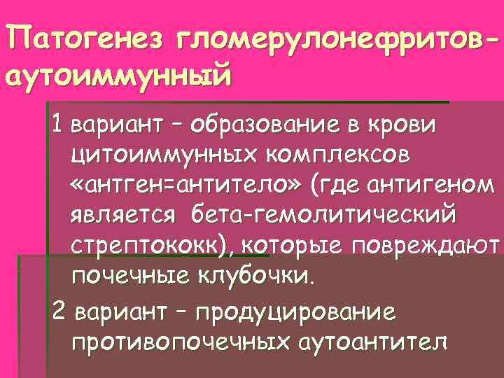 Патогенез гломерулонефритоваутоиммунный 1 вариант – образование в крови цитоиммунных комплексов «антген=антитело» (где антигеном является